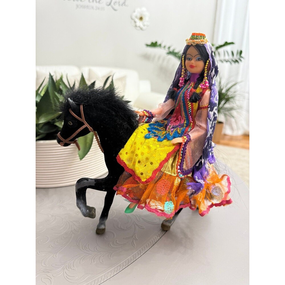 Doll with Persian Traditional Dress Riding on a Black Velvet Horse